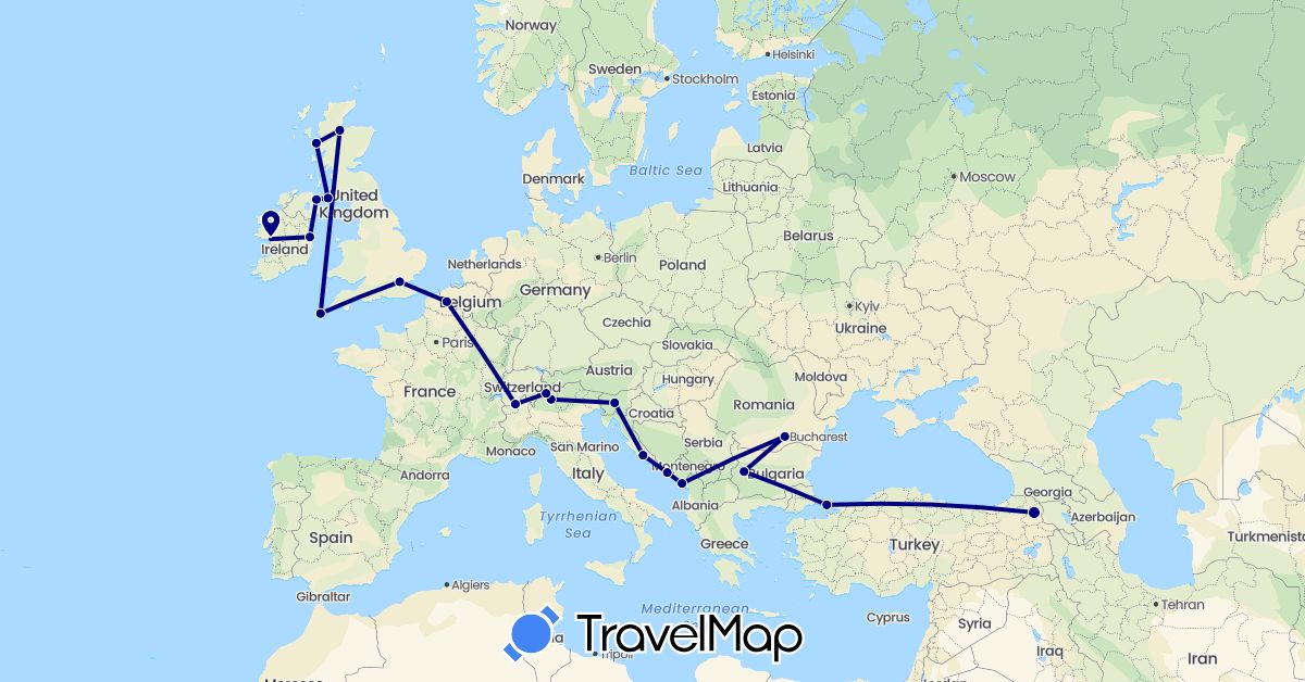 TravelMap itinerary: driving in Bulgaria, Switzerland, France, United Kingdom, Croatia, Ireland, Italy, Montenegro, Romania, Slovenia, Turkey (Asia, Europe)